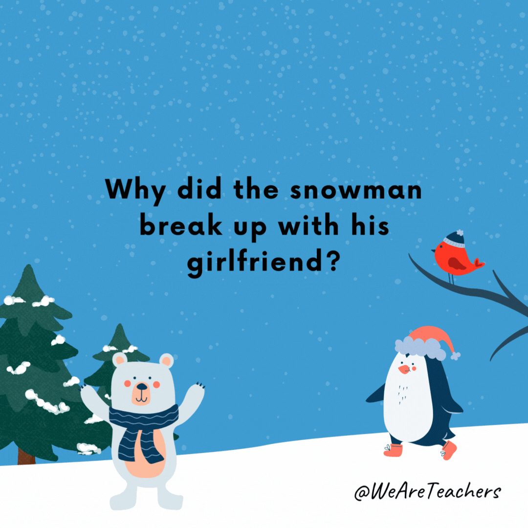 Why did the snowman break up with his girlfriend?  He thought she was too cold!- winter jokes