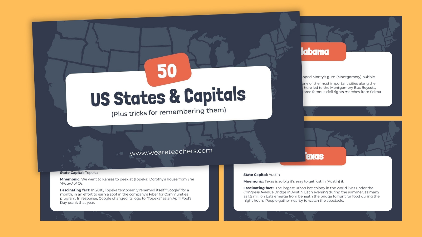 Example of slides from a Google Slides deck featuring the 50 U.S. states and capitals.