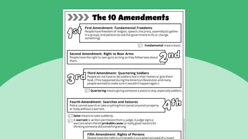 The 10 Amendments student handout page one