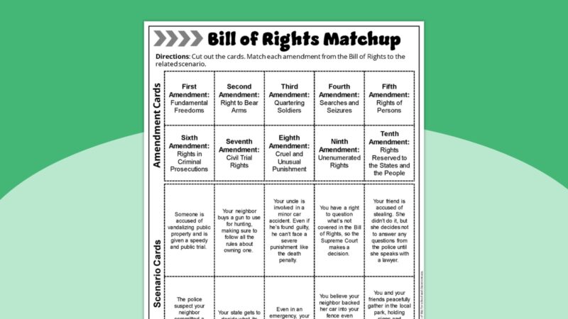Bill of Rights Worksheet with 10 Amendments Printable matching zctivity