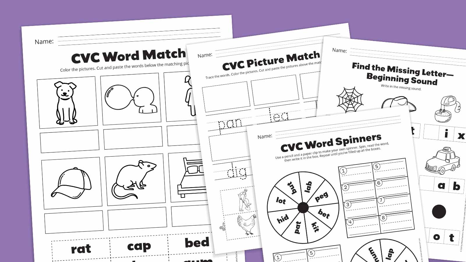 Flat lay of CVC words worksheets