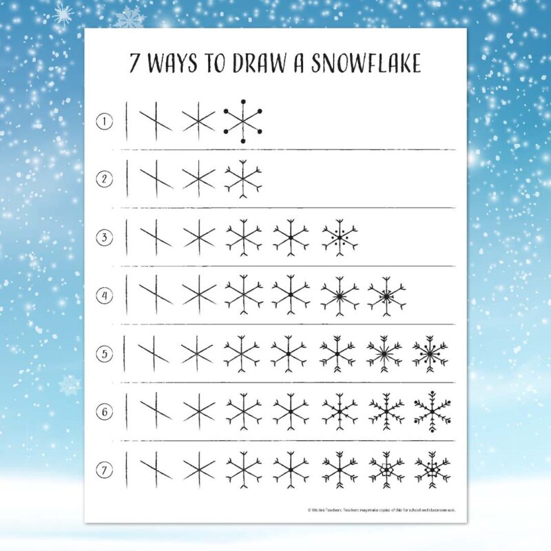 Printable worksheet with 7 ways to draw a snowflake on a snowy blue background that is square.