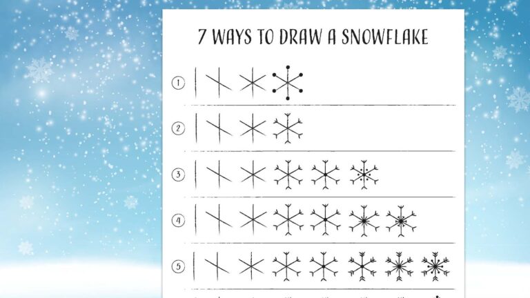 Printable worksheet with 7 ways to draw a snowflake on a snowy blue background.