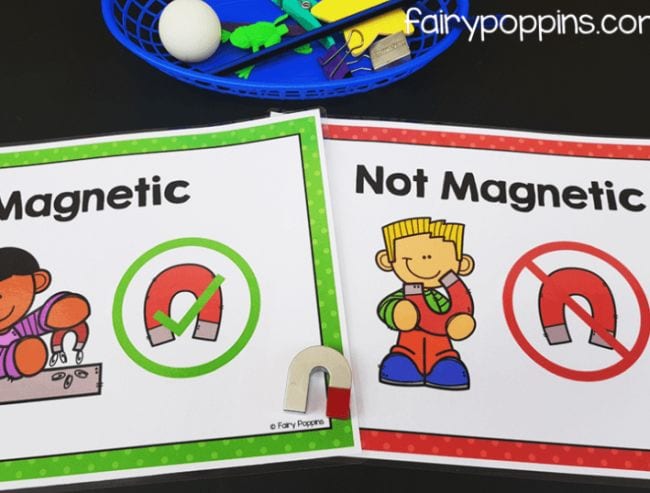 Two sheets labeled Magnetic and Not Magnetic with small u-shaped magnet and a basket of small objects