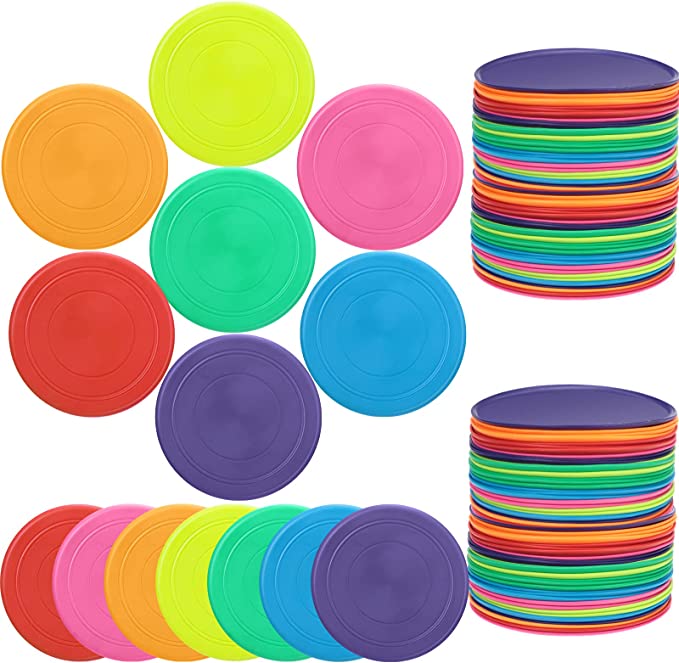 Frisbees in a variety of colors with pictures like sharks and tigers, as an example of inexpensive gift ideas for students