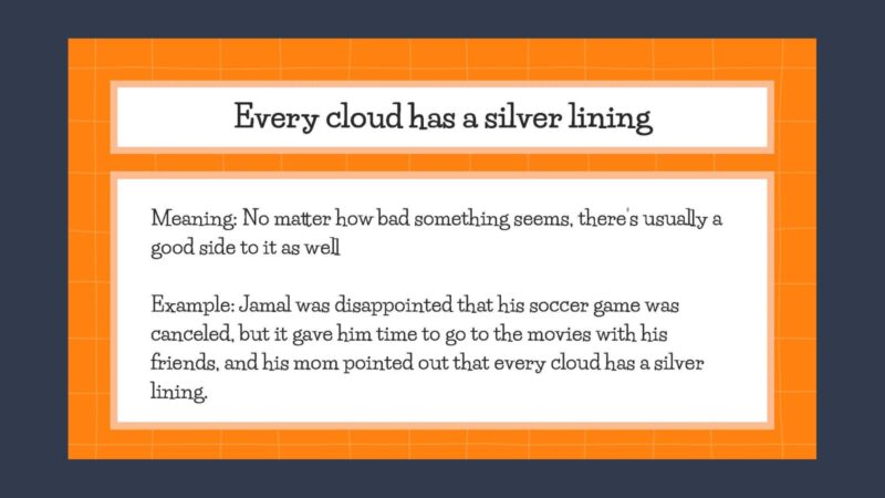 Idiom slide with description of the idiom Every Cloud Has a Silver Lining
