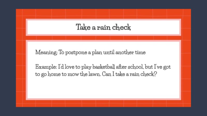 Idiom slide with description of the idiom Take a Rain Check