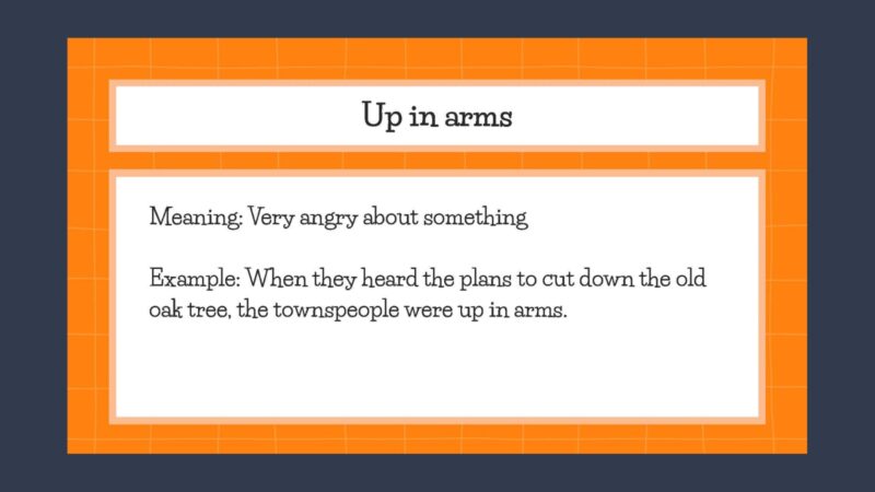Idiom slide with description of the idiom Up in Arms