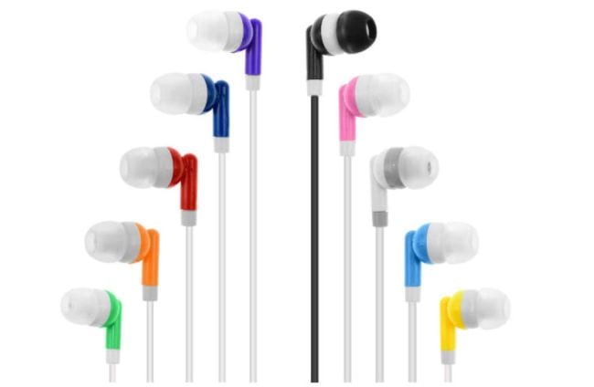 Ear buds in colors like purple, pink, orange, green, and red