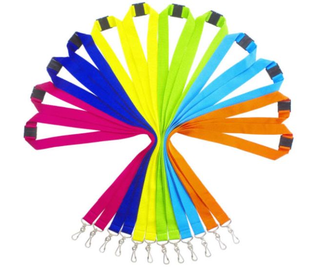 Safety lanyards in pink, blue, yellow, green, and orange