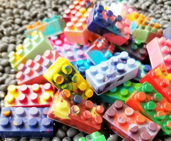 Recycled crayons in the shape of LEGO bricks
