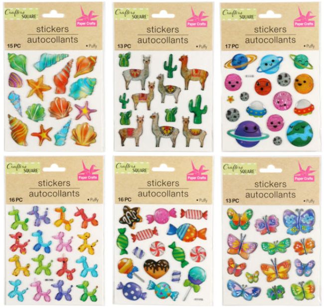 Assorted packages of puffy stickers in shapes like shells, planets, and butterflies