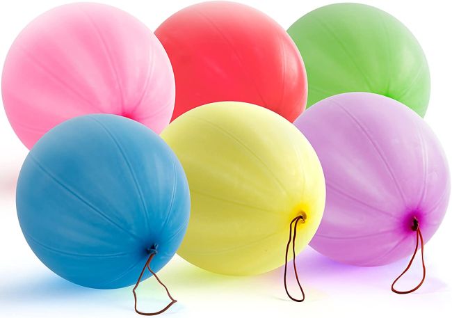 Colorful punch balloons in pink, blue, green, and more