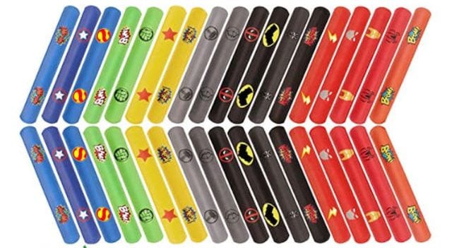 Superhero slap bracelets in a variety of colors for inexpensive student gift 