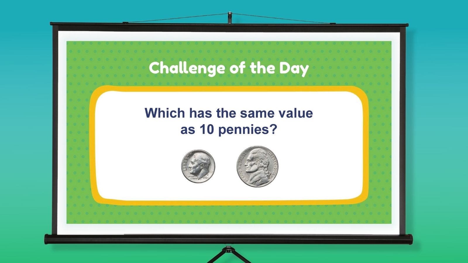 Money word problem on a projector screen: 'Which has the same value as 10 pennies?' with a dime and a nickel