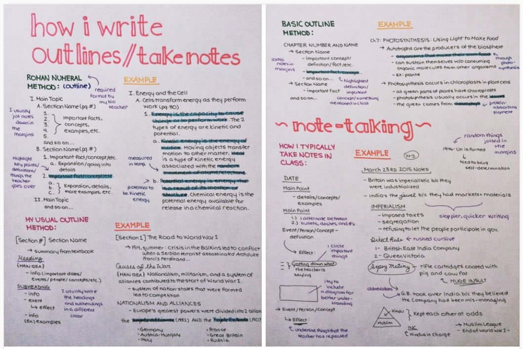Handwritten pages showing the outline method of note taking