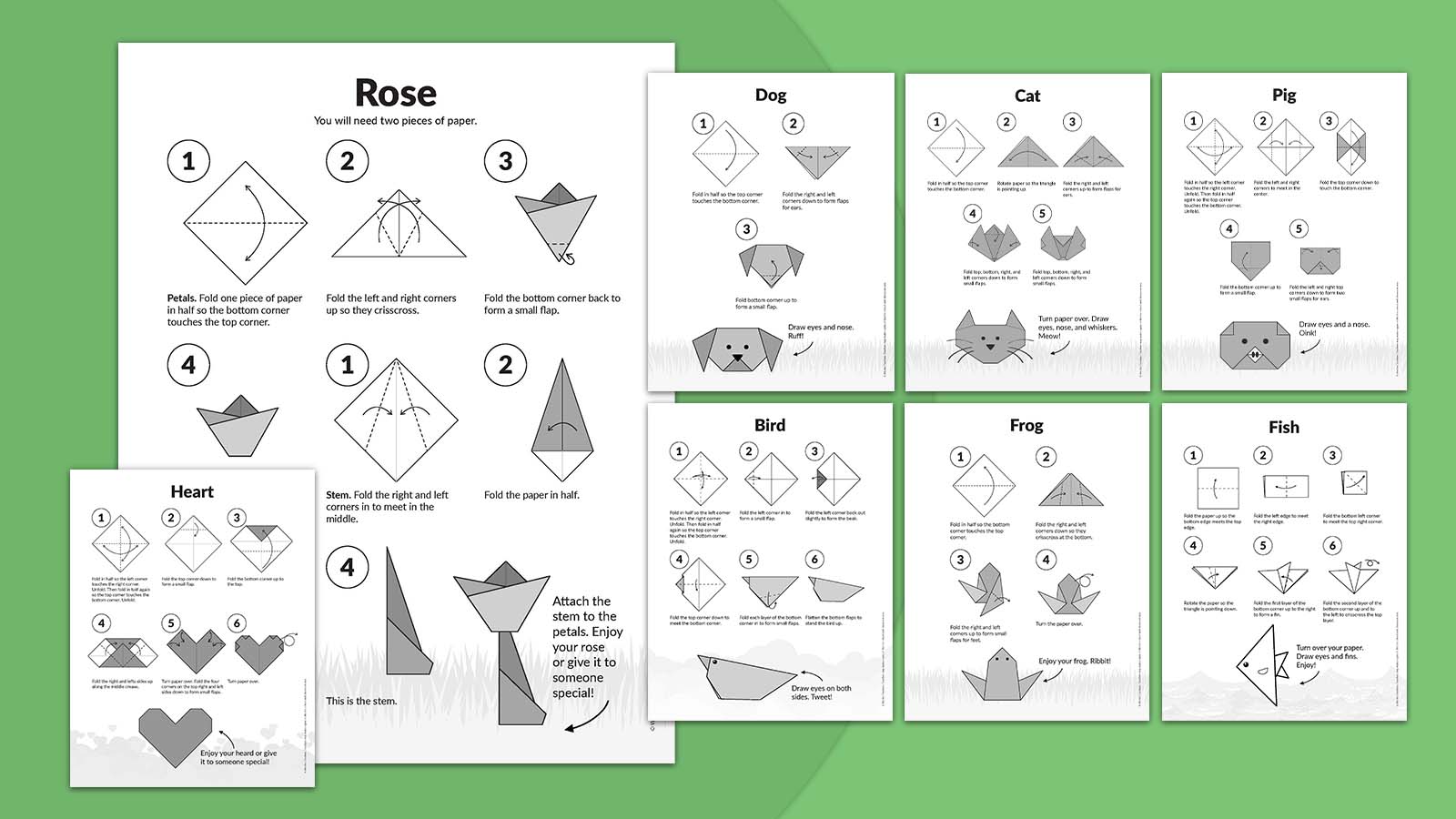 A selection of printable origami instruction sheets on a green background, including various animals and other objects.