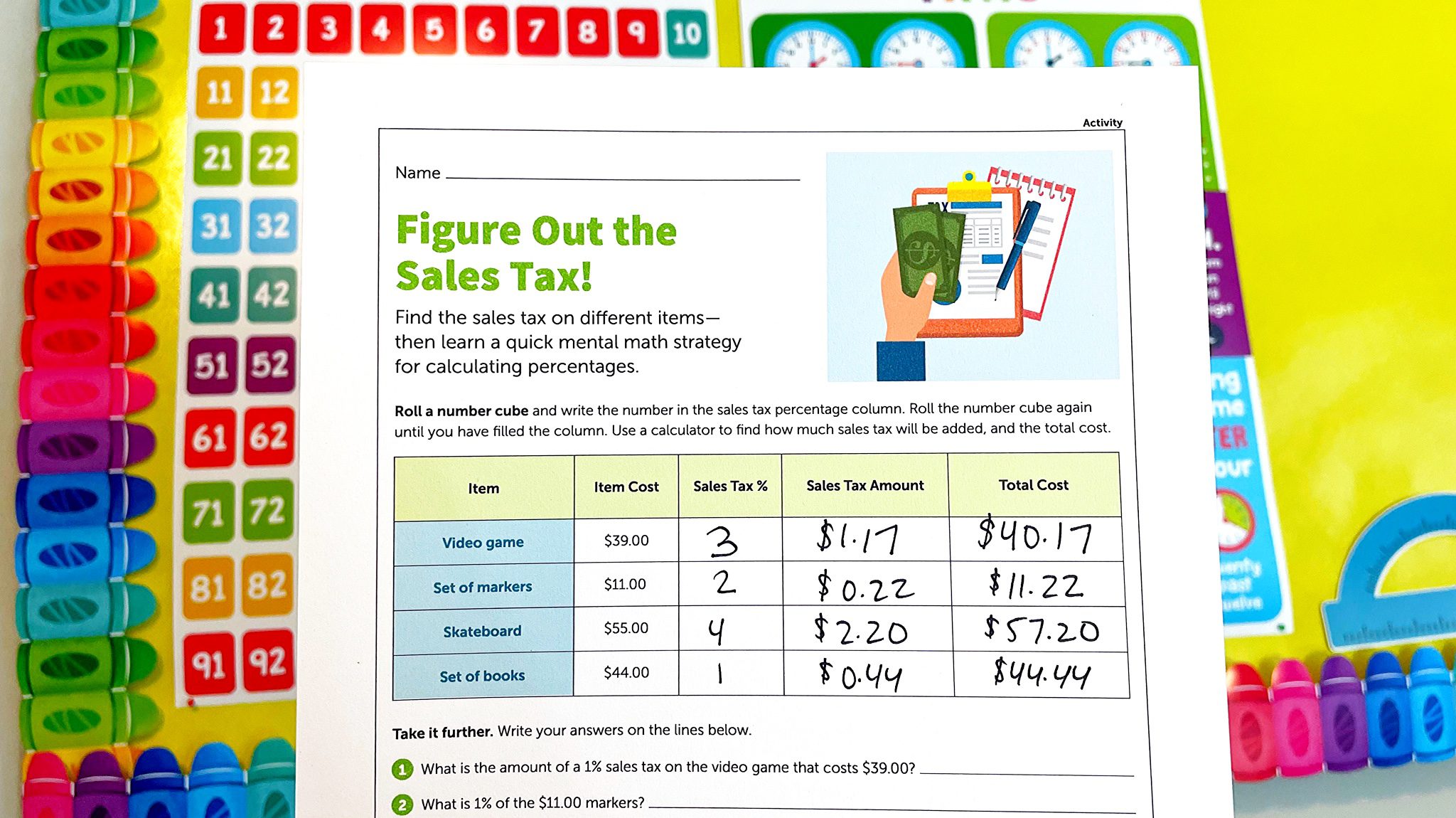 Flay lay of 'Calculating Sales Tax' lesson