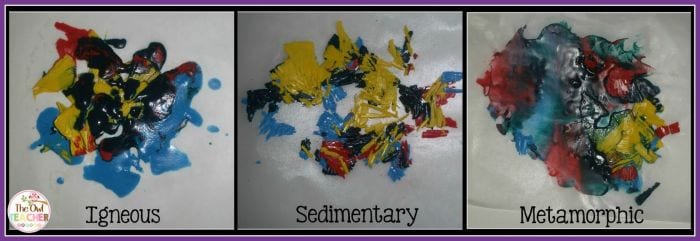 Crayon shavings melted and pressed together to simulate types of rocks