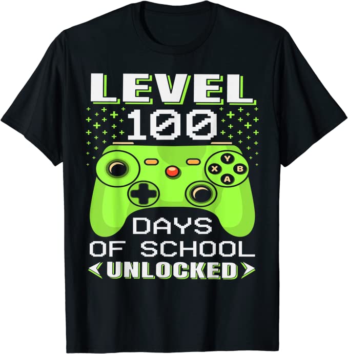 100th day of school shirt ideas include this black t-shirt that says Level 100 Days of School Unlocked. 