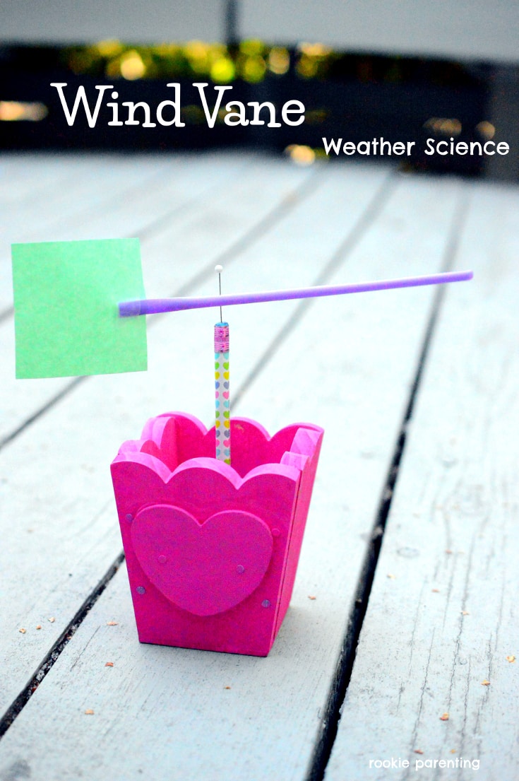 A weathervane is made from a pink container with a pencil with a sewing needle in the eraser coming out of it. A straw with a piece of paper are attached to the top horizontally (first grade science experiments)