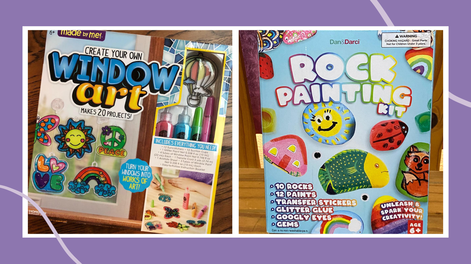 Examples of art gifts including a box of window art and a rock painting kit.