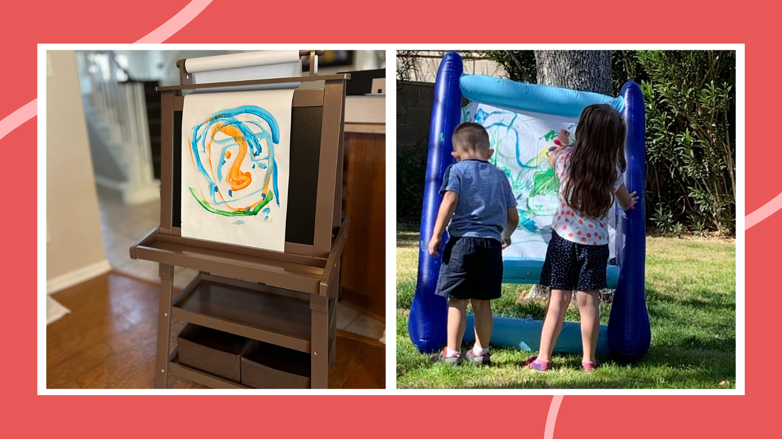 Examples of the best art easels for kids including an inflatable easel and a wooden easel with storage bins.