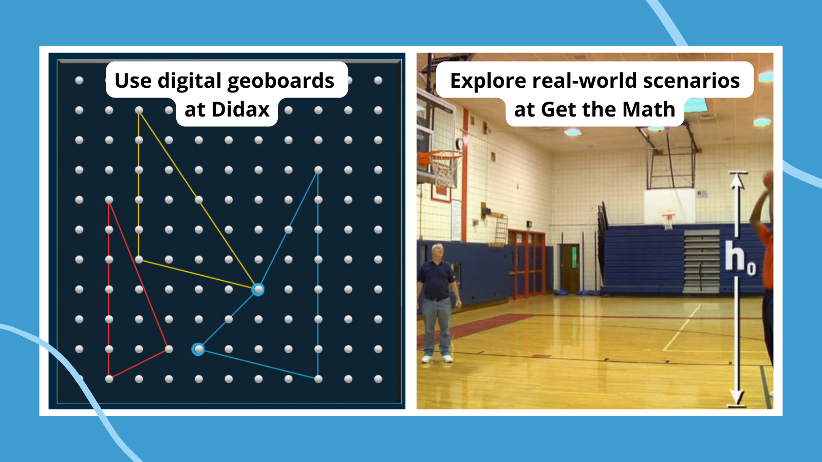 Collage of math websites, including an online geoboard from Didax and still from a basketball video at Get the Math