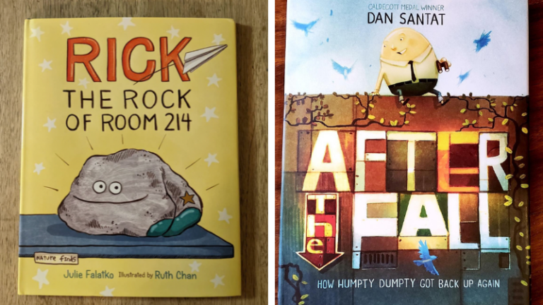 Some of the best children's book illustrators featured on books on a table including: After the Fall and Rick the Rock of Room 214