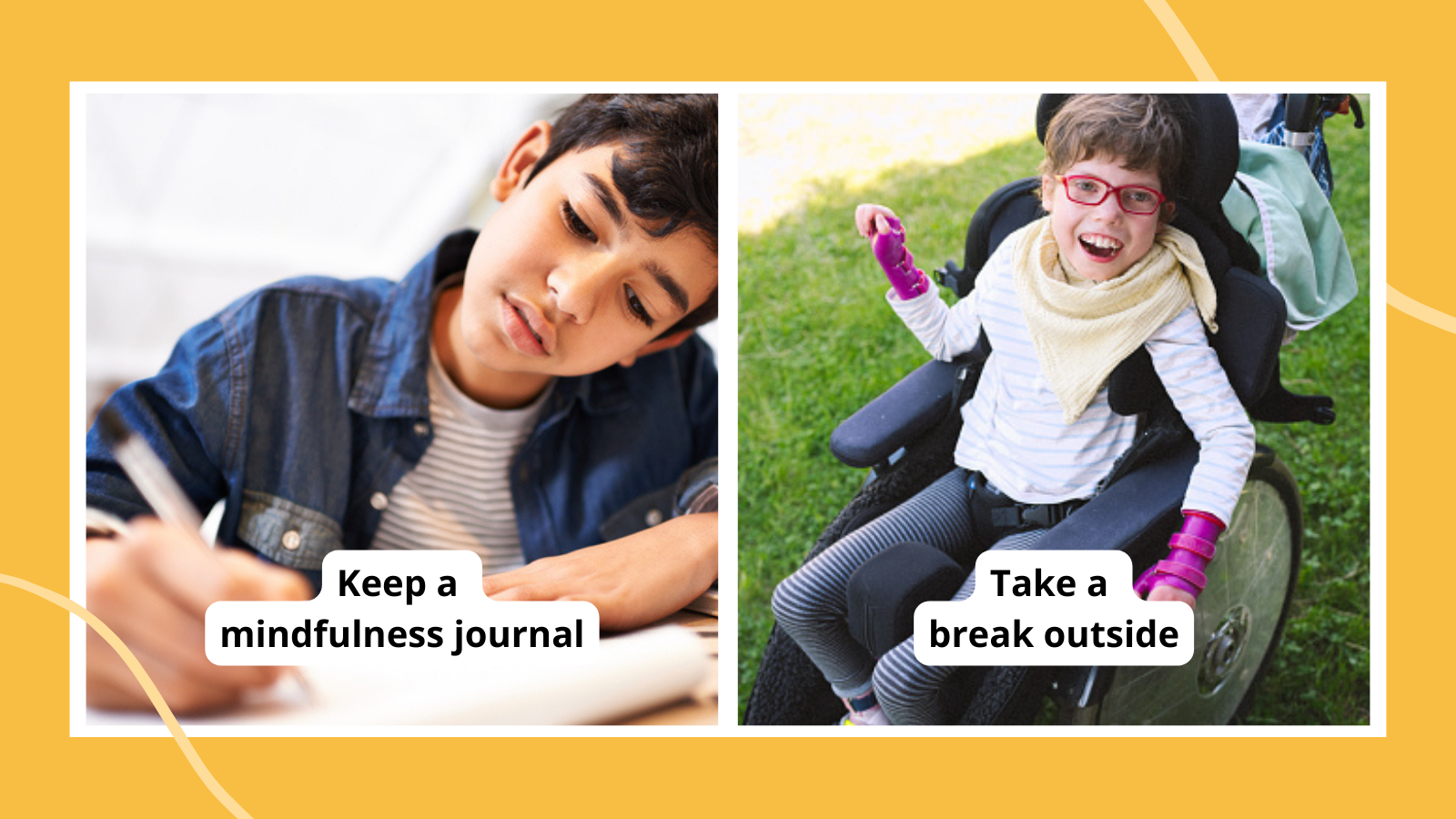 Boy writing in mindfulness journal and girl in wheelchair taking a break outside, as examples of ways to help kids with anxiety
