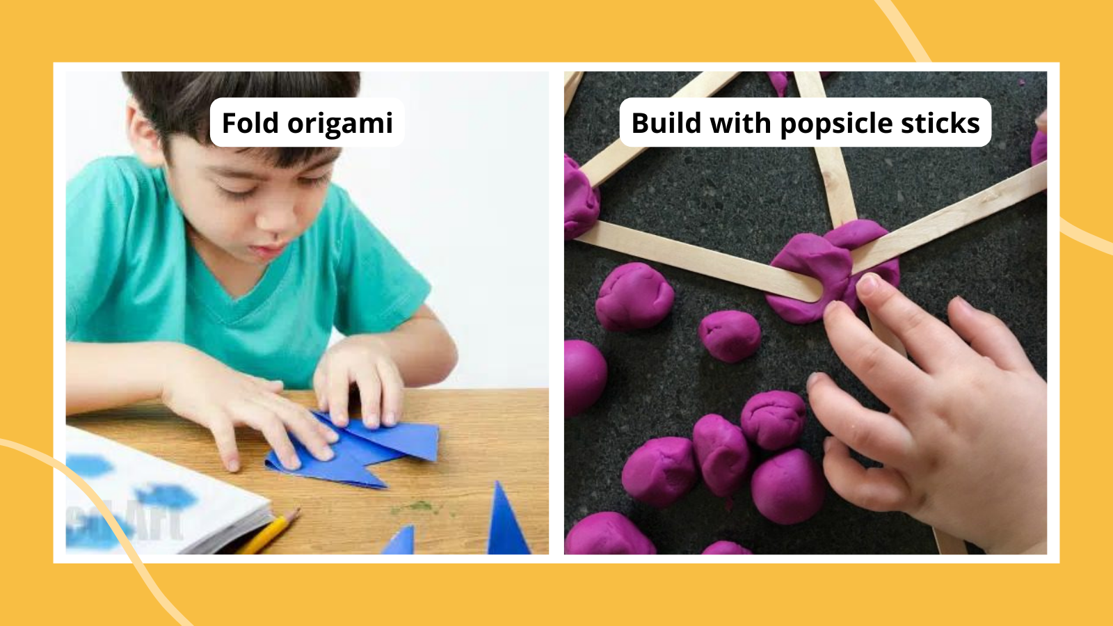 Examples of indoor recess games and ideas such as folding origami and STEM challenges with play dough and popsicle sticks.