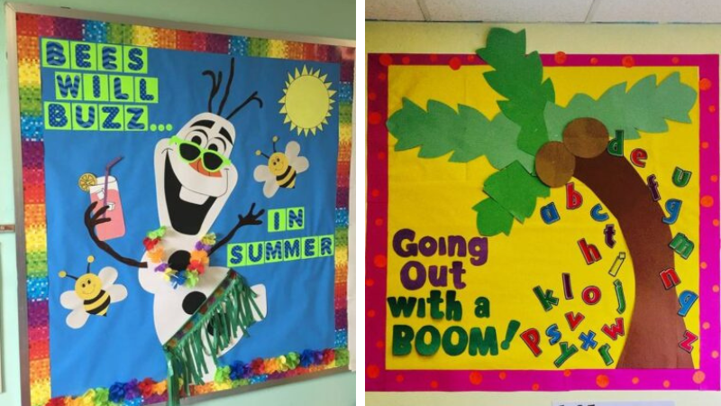 June bulletin board ideas including a Frozen board with Olaf in a hula skirt that says Bees Will Buzz in Summer and a Chicka Chicka Boom Boom board with a palm tree that says Going Out With a Boom