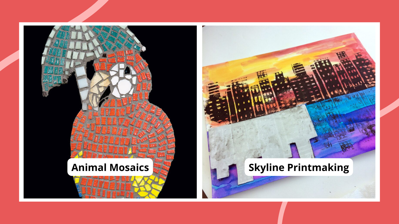 Examples of art projects for middle schoolers, including animal mosaics and skyline printmaking.