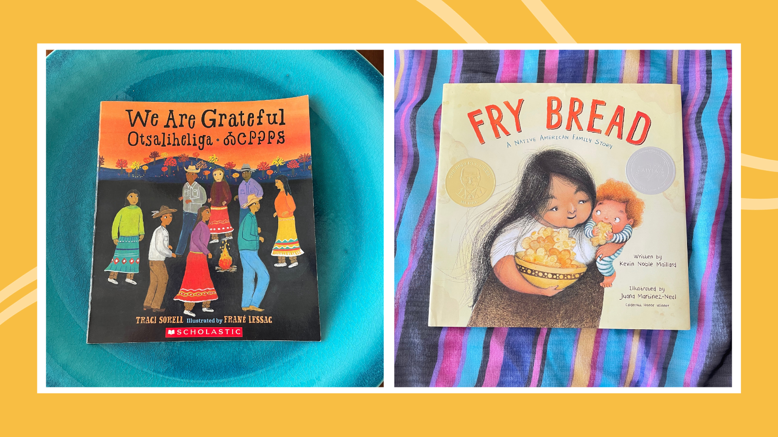 Examples of Native American books for kids including covers of Fry Bread and We are Grateful