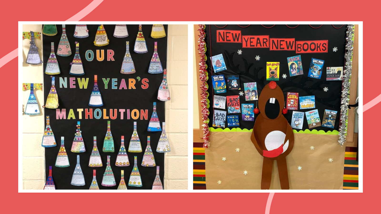 New year bulletin board ideas including New Years Matholutions and New Year, New Books.