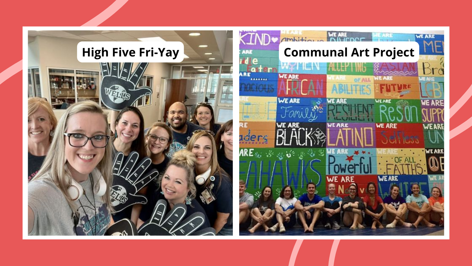 Collage of School Spirit Week Ideas, including High Five Fri-Yay and Communal Art Project